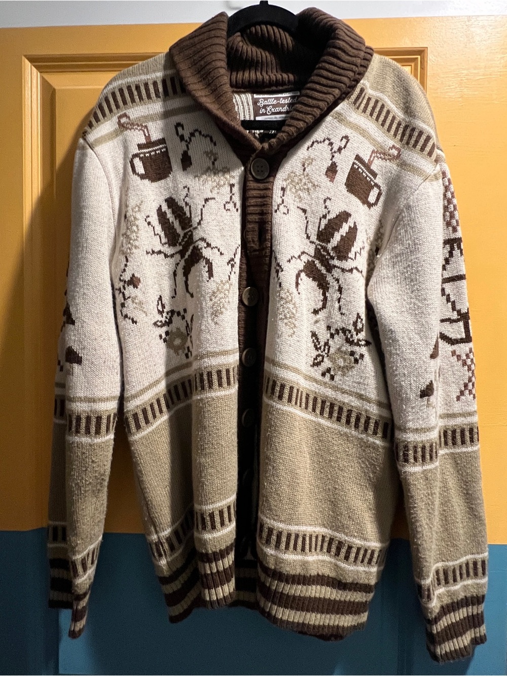 Men's Shawl Collar Button-Up Sweater Cardigan - Brown & Cream